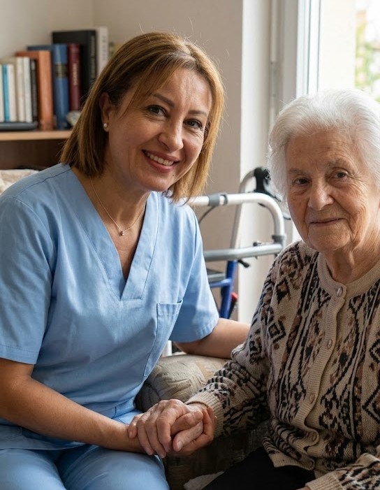 Auxiliaire de santé accompagnant une personne âgée avec le sourire